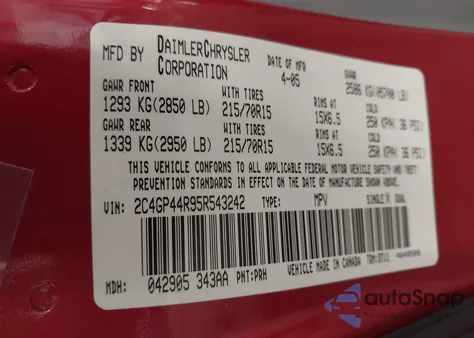 2005 Chrysler Town & Country Lx из США, поврежденный, VIN 2C4GP44R95R543242